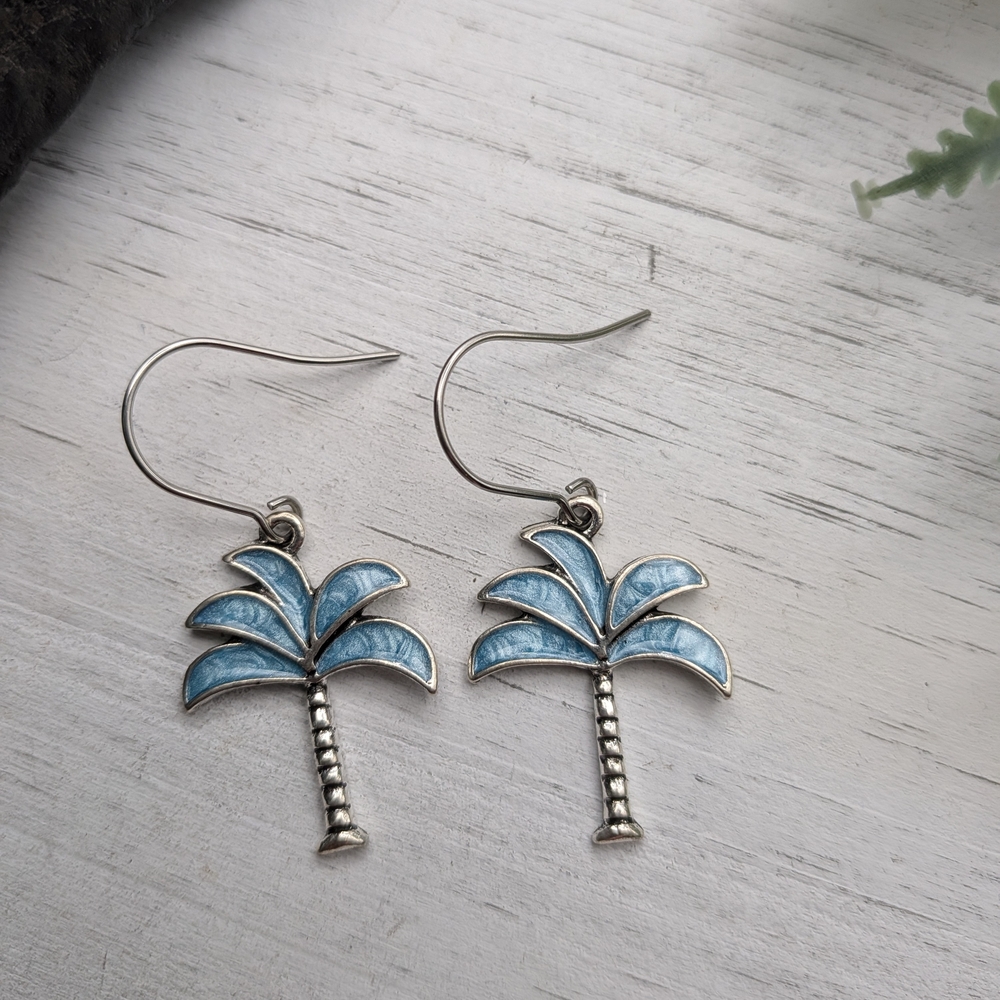 Blue Palm Tree Dangle Earrings / Beach Jewelry - Picture 3 of 5